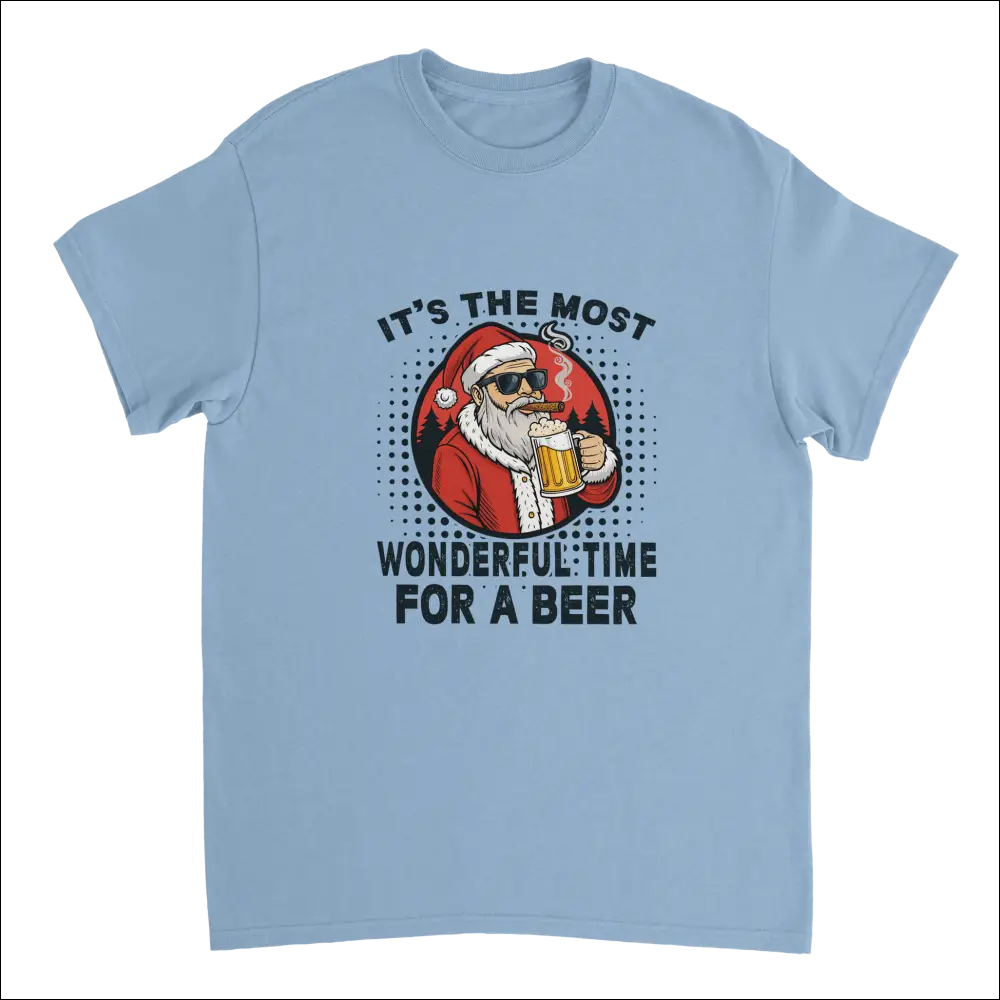 Light blue Santa with sunglasses, cigar and beer mug t-shirt