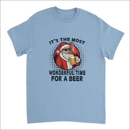 Light blue Santa with sunglasses, cigar and beer mug t-shirt