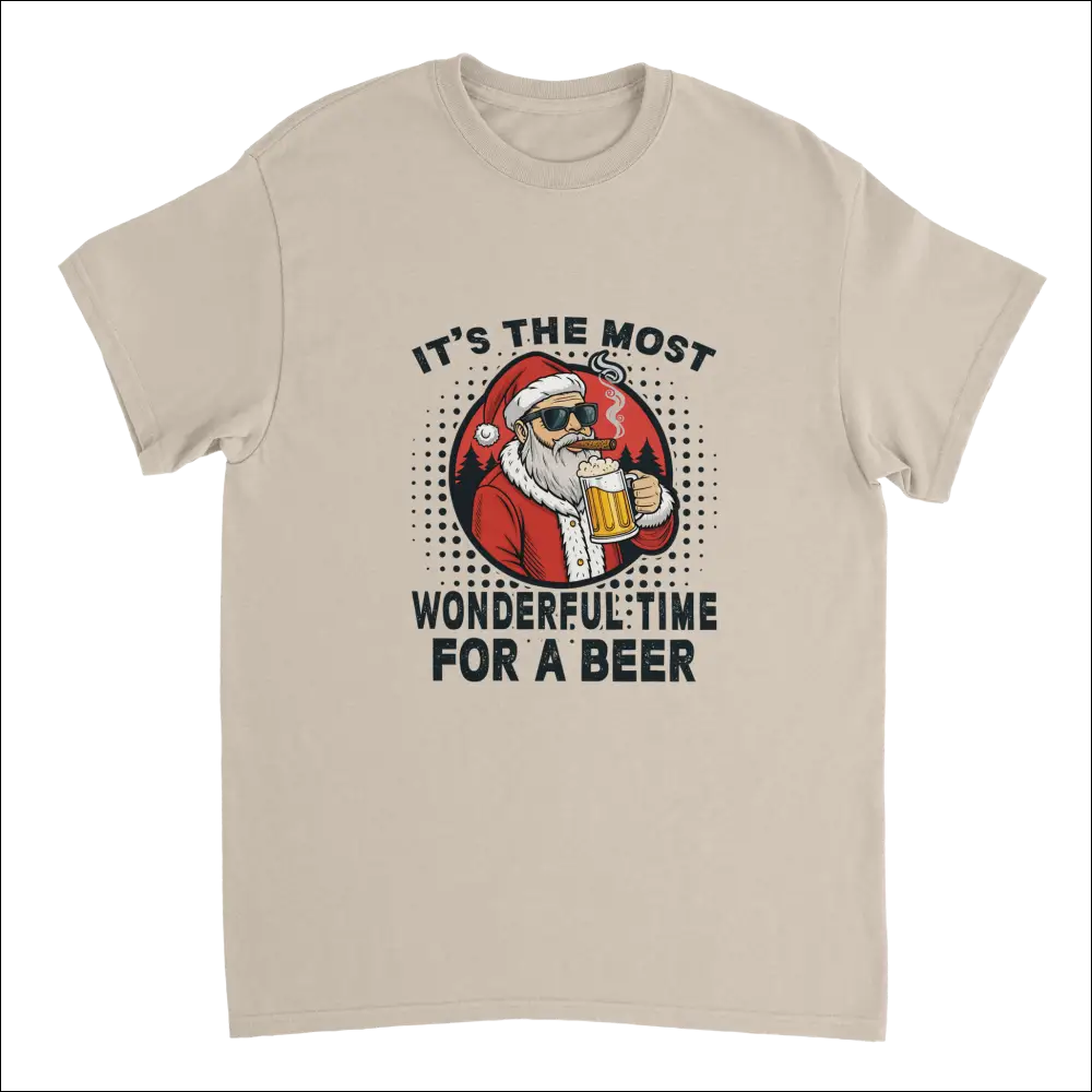 Beige short-sleeved t-shirt with cartoon Santa in sunglasses holding beer mug and text Its the most wonderful time for a beer