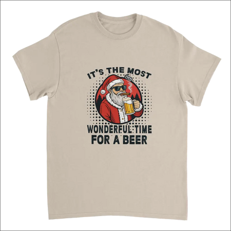 Beige short-sleeved t-shirt with cartoon Santa in sunglasses holding beer mug and text Its the most wonderful time for a beer