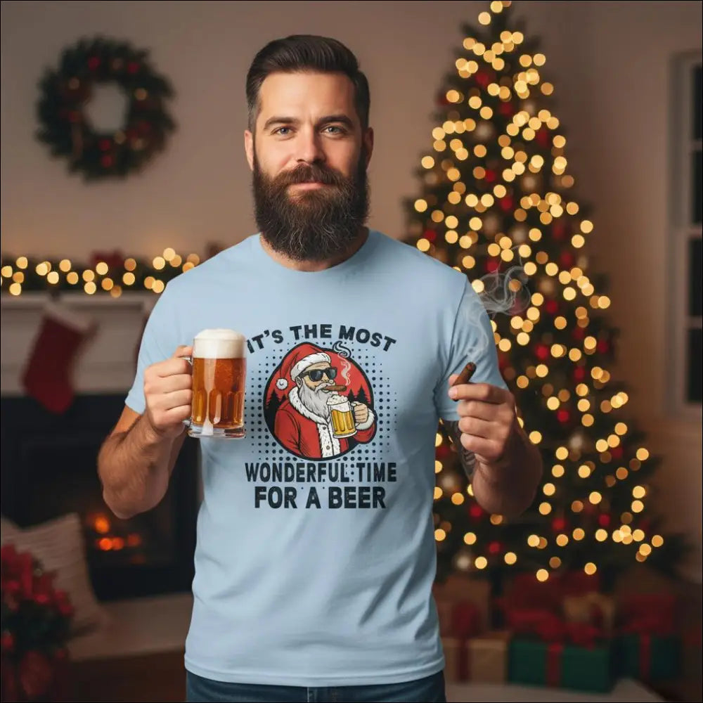 Light blue Christmas beer t-shirt with Santa in sunglasses holding beer and fun text