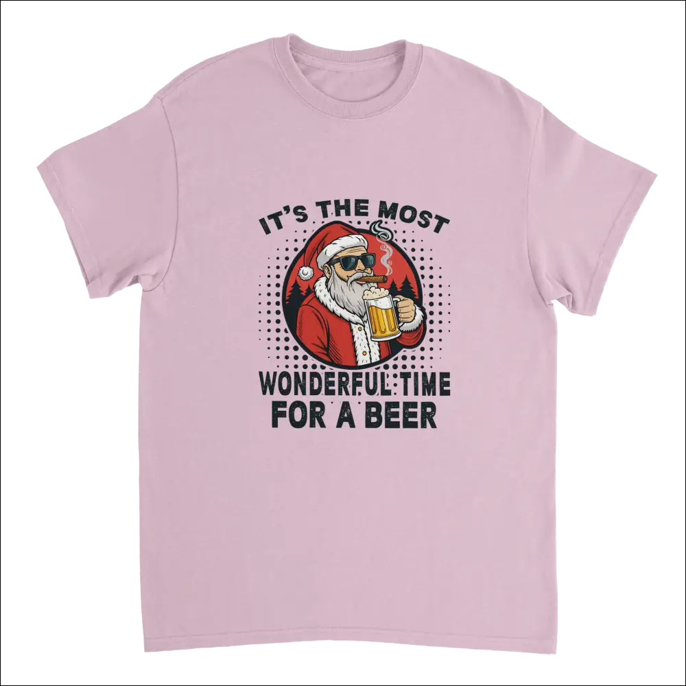 Light pink Santa Claus t-shirt with sunglasses, cigar, and beer mug