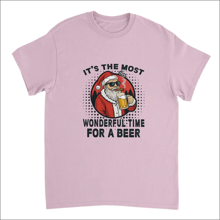 Light pink Santa Claus t-shirt with sunglasses, cigar, and beer mug