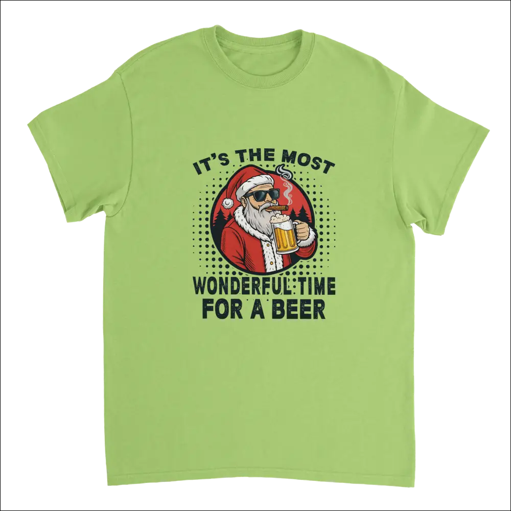 Lime green t-shirt with cartoon Santa in sunglasses holding beer mug and text: It’s the most wonderful time for a beer