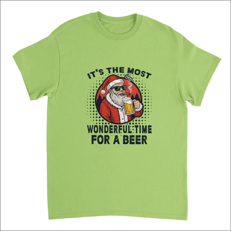 Lime green t-shirt with cartoon Santa in sunglasses holding beer mug and text: It’s the most wonderful time for a beer