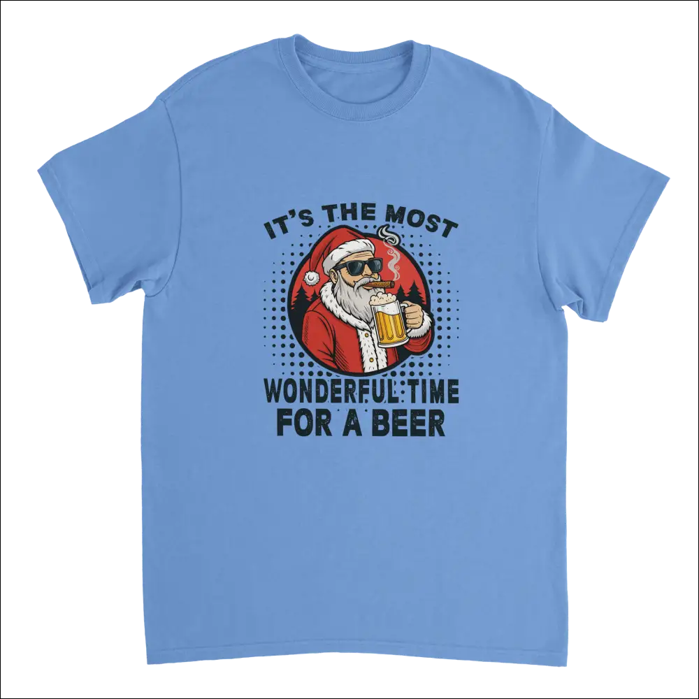 Light blue Santa in sunglasses with cigar and beer mug t-shirt