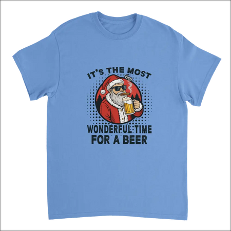 Light blue Santa in sunglasses with cigar and beer mug t-shirt