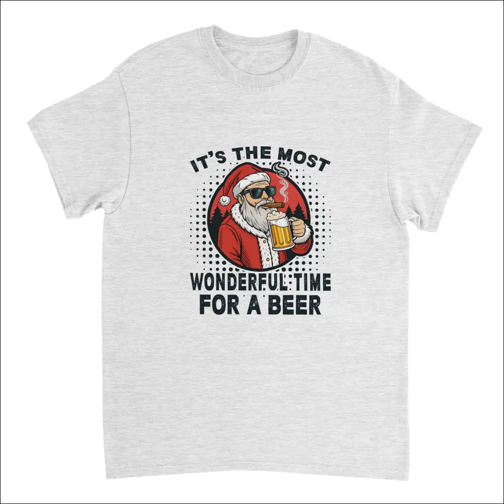 Heather gray crewneck t-shirt with cool Santa in sunglasses smoking cigar and holding beer mug