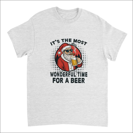 Heather gray crewneck t-shirt with cool Santa in sunglasses smoking cigar and holding beer mug
