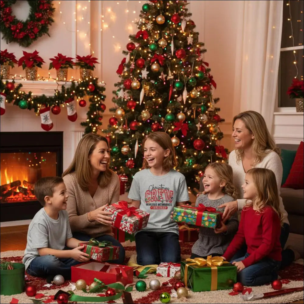 Festive red and gold Christmas tree on kids crewneck t-shirt