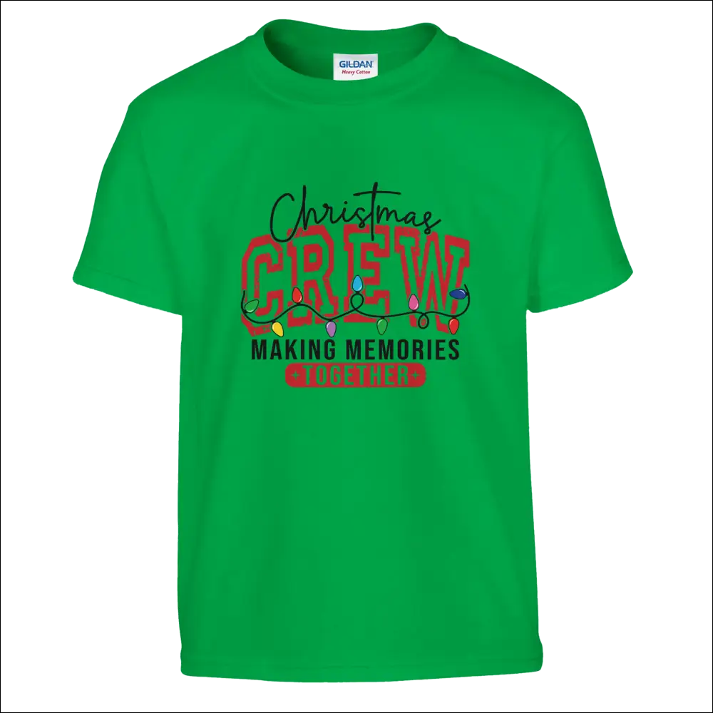 Green Gildan kids Christmas Crew t-shirt with red text, lights, making memories