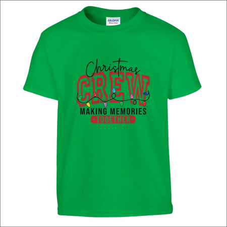 Green Gildan kids Christmas Crew t-shirt with red text, lights, making memories