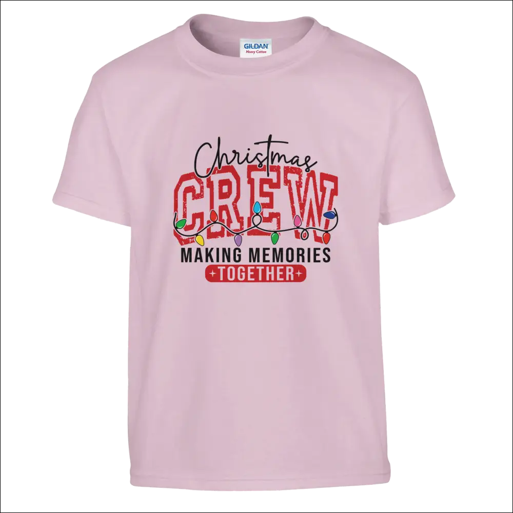 Soft pink kids Christmas Crew t-shirt with festive lights and making memories together text