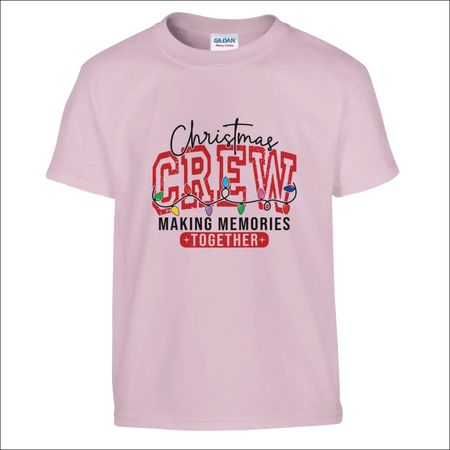 Soft pink kids Christmas Crew t-shirt with festive lights and making memories together text