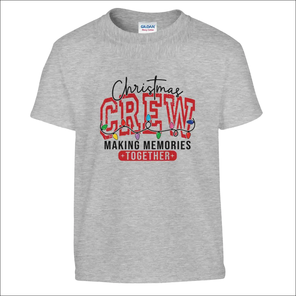 Gray heathered Gildan Christmas Crew kids t-shirt with festive lights and memories phrase