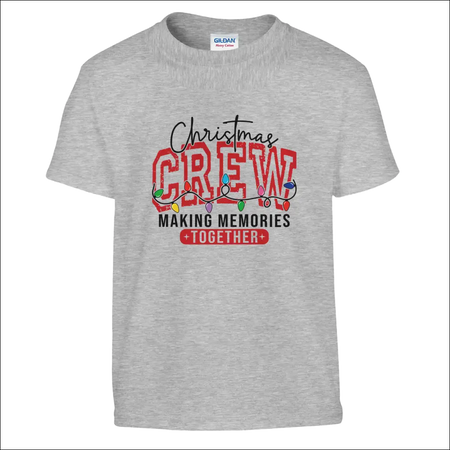 Gray heathered Gildan Christmas Crew kids t-shirt with festive lights and memories phrase