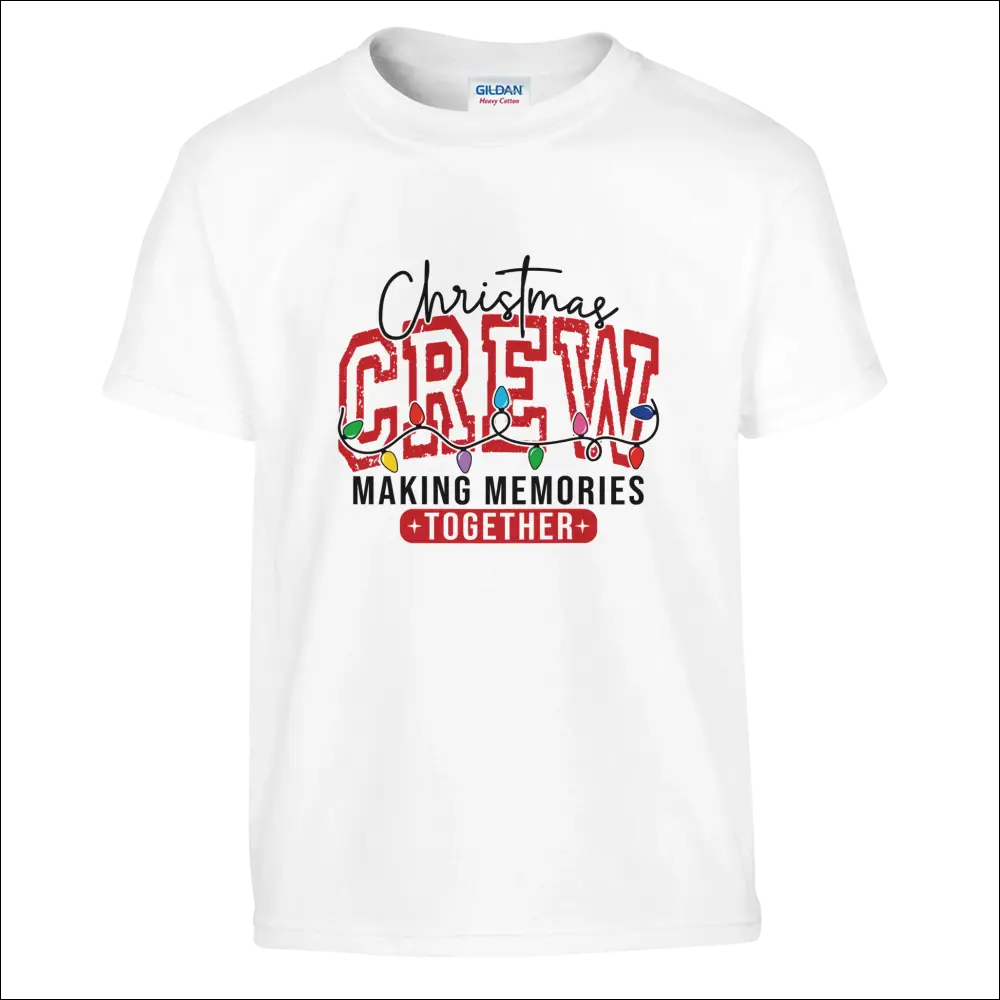 White Gildan kids Christmas Crew t-shirt with festive red lettering graphic