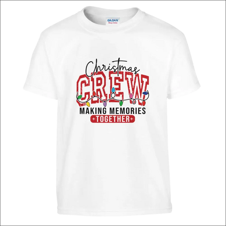 White Gildan kids Christmas Crew t-shirt with festive red lettering graphic