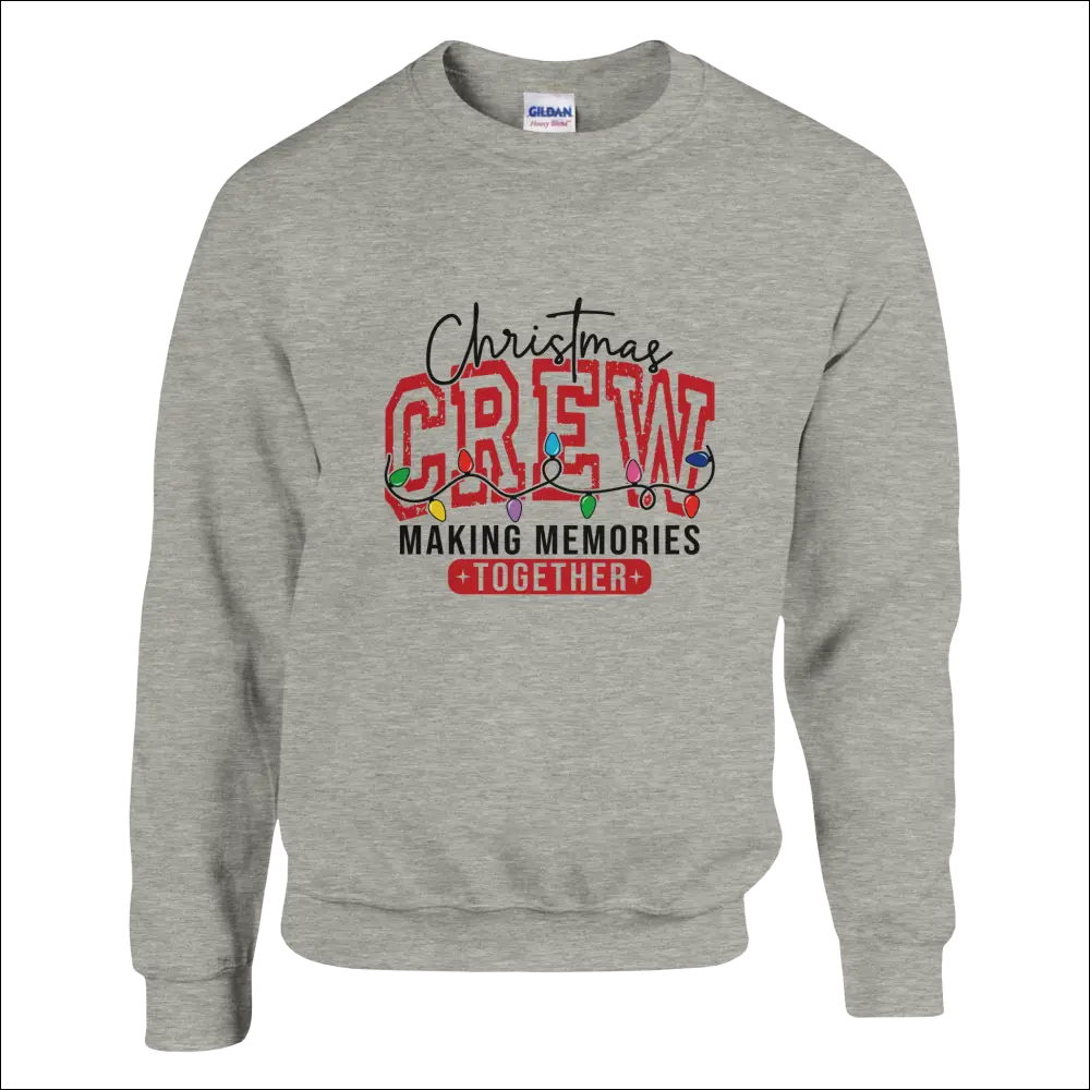 Gray heathered Christmas Crew unisex sweatshirt with red black lettering and colorful string lights