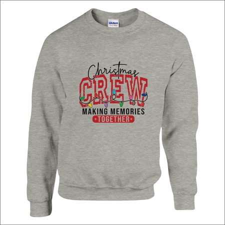 Gray heathered Christmas Crew unisex sweatshirt with red black lettering and colorful string lights