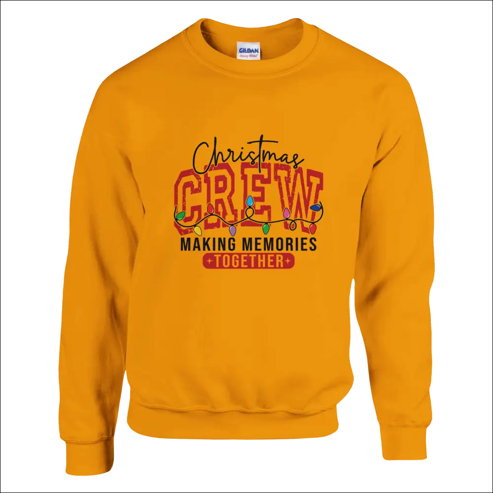 Vibrant gold Christmas Crew sweatshirt with festive lights and making memories together text