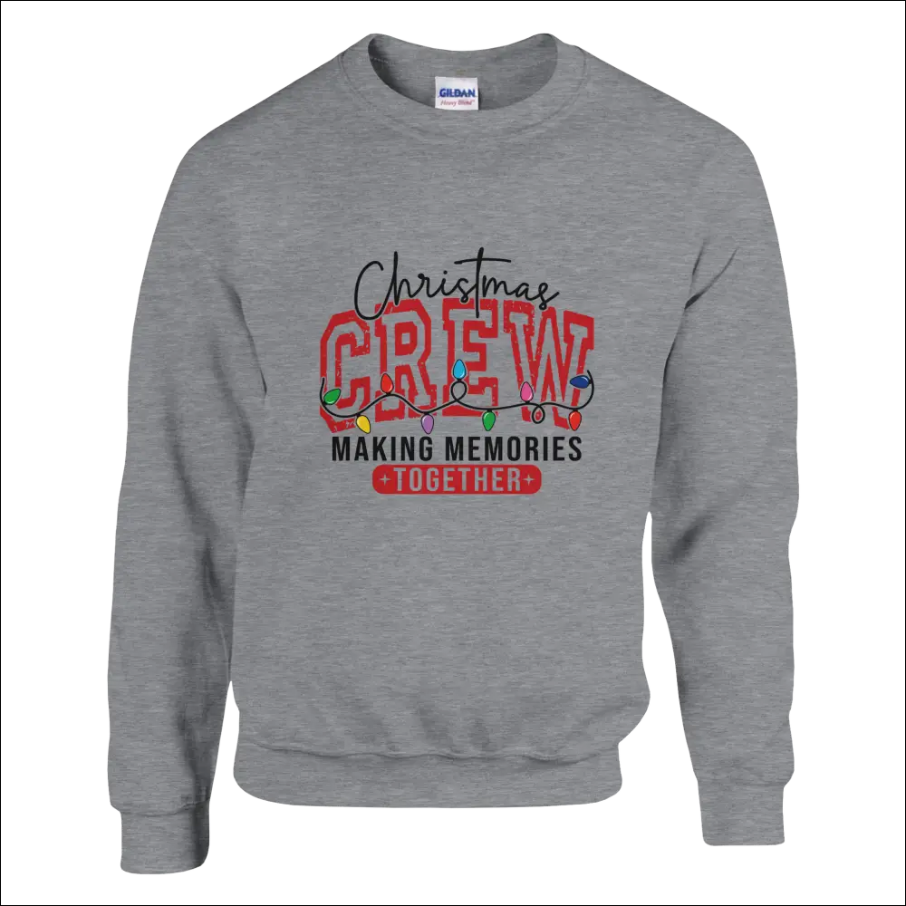 Gray Gildan Christmas Crew sweatshirt with red black print and colorful lights