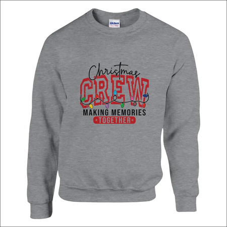 Gray Gildan Christmas Crew sweatshirt with red black print and colorful lights