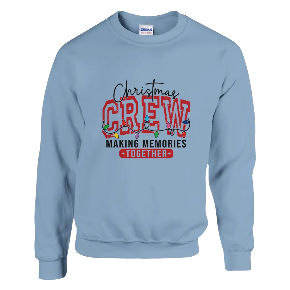 Light blue Gildan Christmas Crew unisex sweatshirt with red black print and string lights
