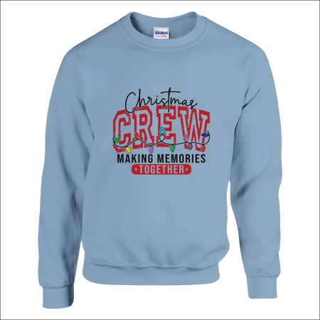 Light blue Gildan Christmas Crew unisex sweatshirt with red black print and string lights