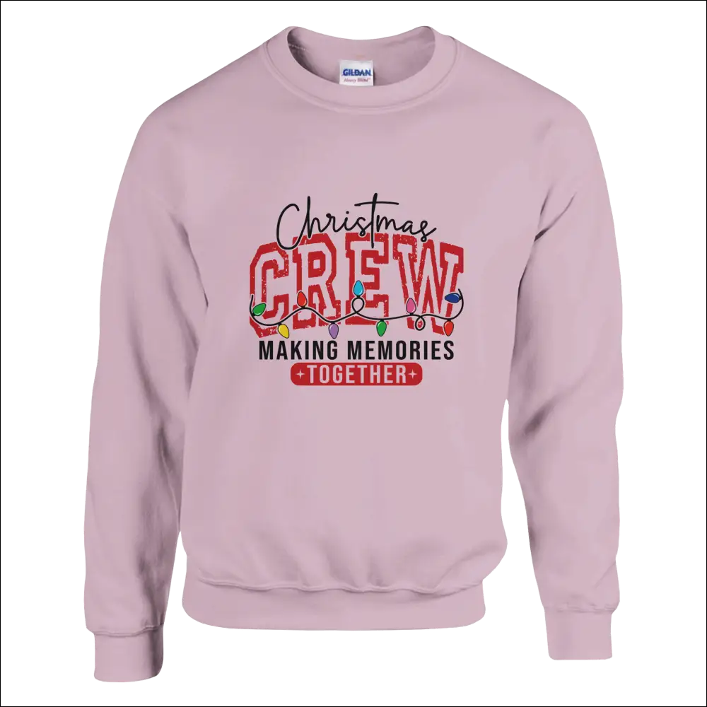 Soft pink Gildan Christmas Crew sweatshirt with festive lights graphic