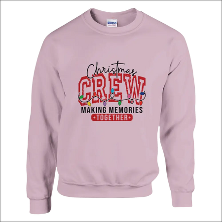 Soft pink Gildan Christmas Crew sweatshirt with festive lights graphic