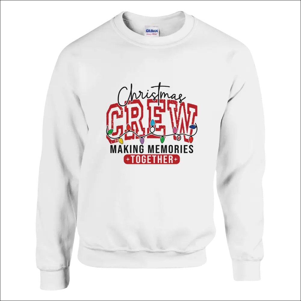 White Gildan Christmas Crew sweatshirt with festive graphic and red lettering