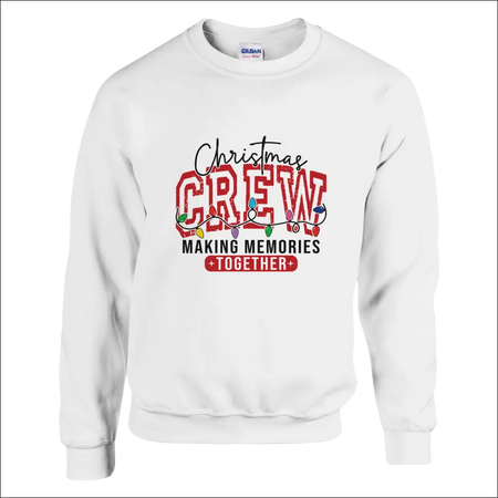 White Gildan Christmas Crew sweatshirt with festive graphic and red lettering