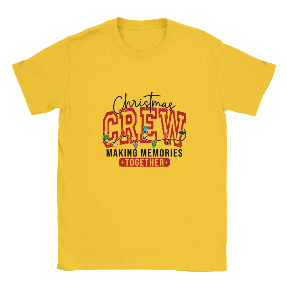 Vibrant yellow Christmas Crew unisex t-shirt with festive lights graphic