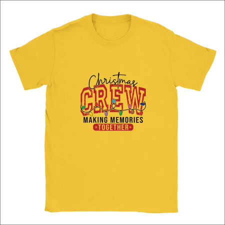 Vibrant yellow Christmas Crew unisex t-shirt with festive lights graphic