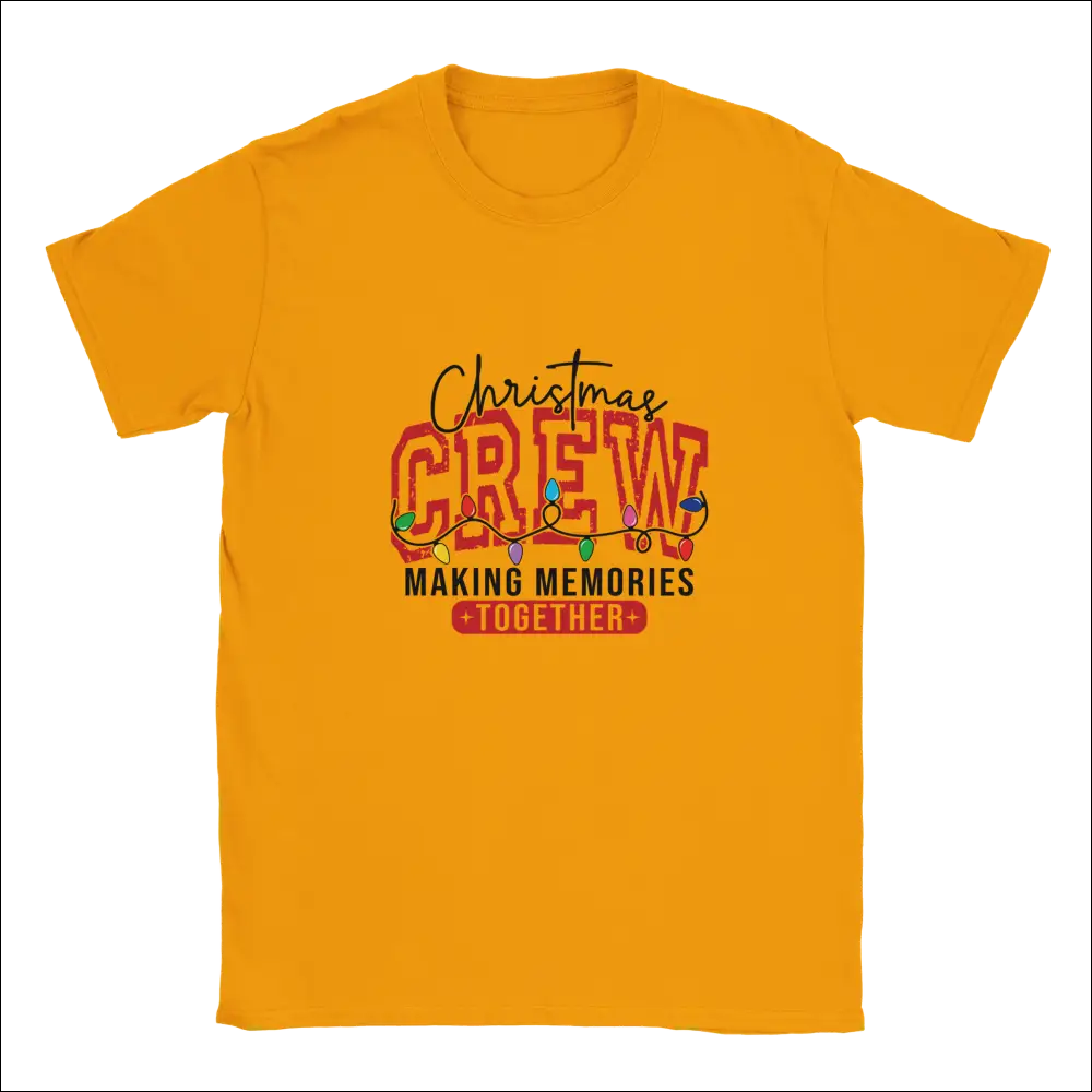 Vibrant orange Christmas Crew t-shirt with festive lights graphic