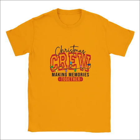 Vibrant orange Christmas Crew t-shirt with festive lights graphic
