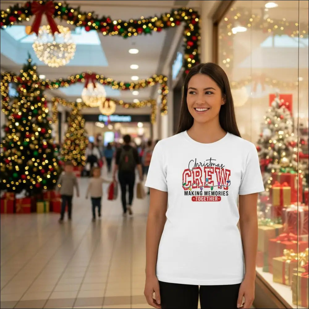 White cotton womens Christmas Crew t-shirt with red black festive lights design