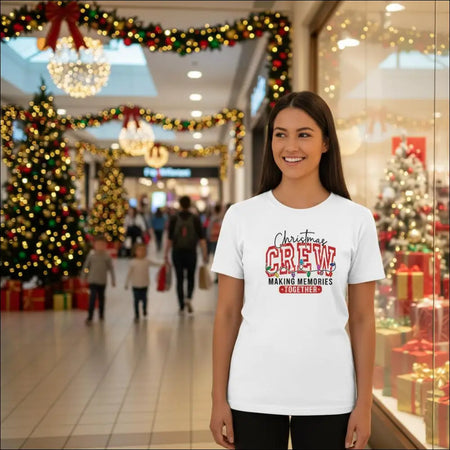 White cotton womens Christmas Crew t-shirt with red black festive lights design