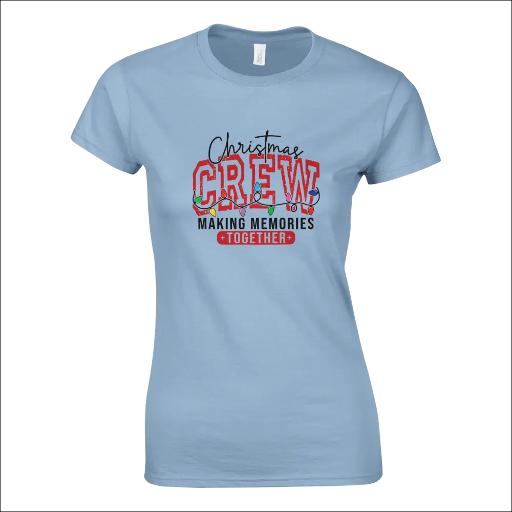 Light blue womens Christmas Crew t-shirt with festive lights and making memories together