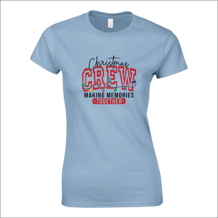 Light blue womens Christmas Crew t-shirt with festive lights and making memories together