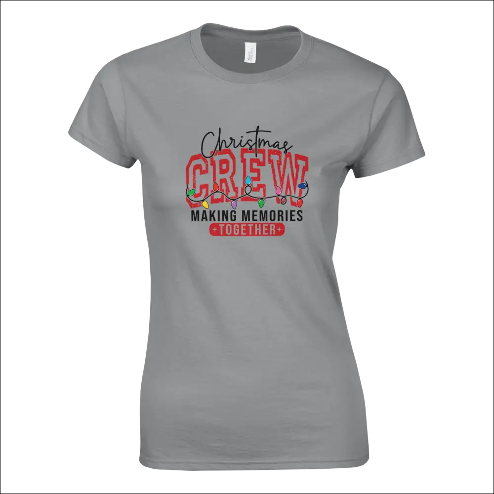 Gray womens Christmas Crew t-shirt with red festive lights and making memories together phrase
