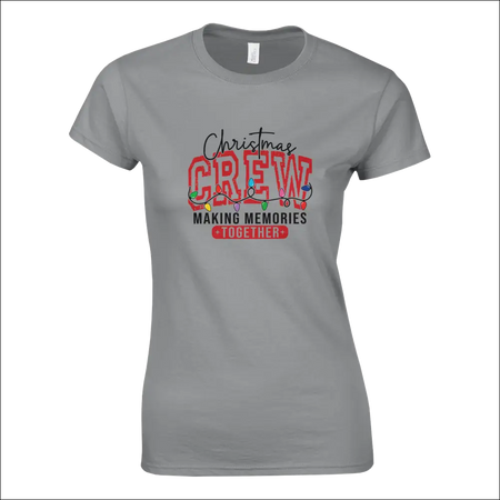 Gray womens Christmas Crew t-shirt with red festive lights and making memories together phrase