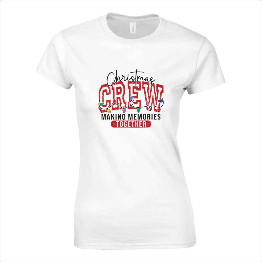 Christmas Crew womens t-shirt with bold red lettering and string lights