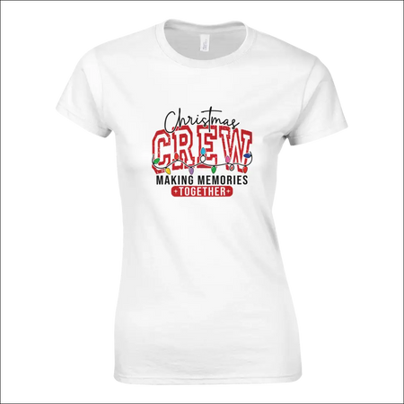 Christmas Crew womens t-shirt with bold red lettering and string lights