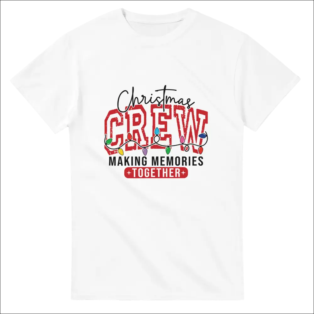 White cotton Christmas Crew t-shirt with festive red lettering and string lights