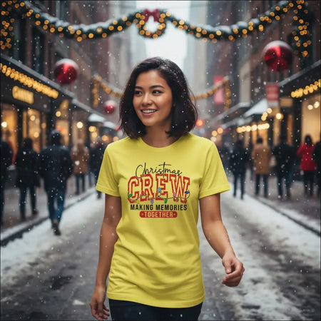 Yellow Christmas Crew T-shirt with lights and memories print