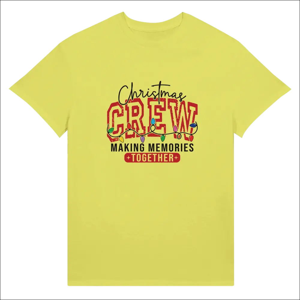 Bright yellow Christmas Crew unisex t-shirt with festive lights graphic