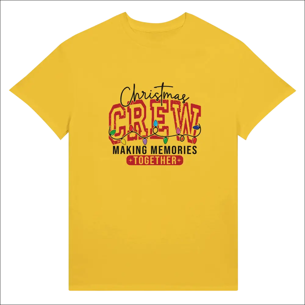 Vibrant yellow Christmas Crew unisex t-shirt with festive lights graphic