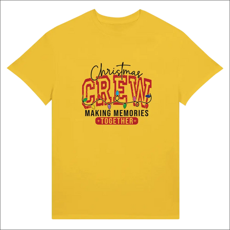 Vibrant yellow Christmas Crew unisex t-shirt with festive lights graphic
